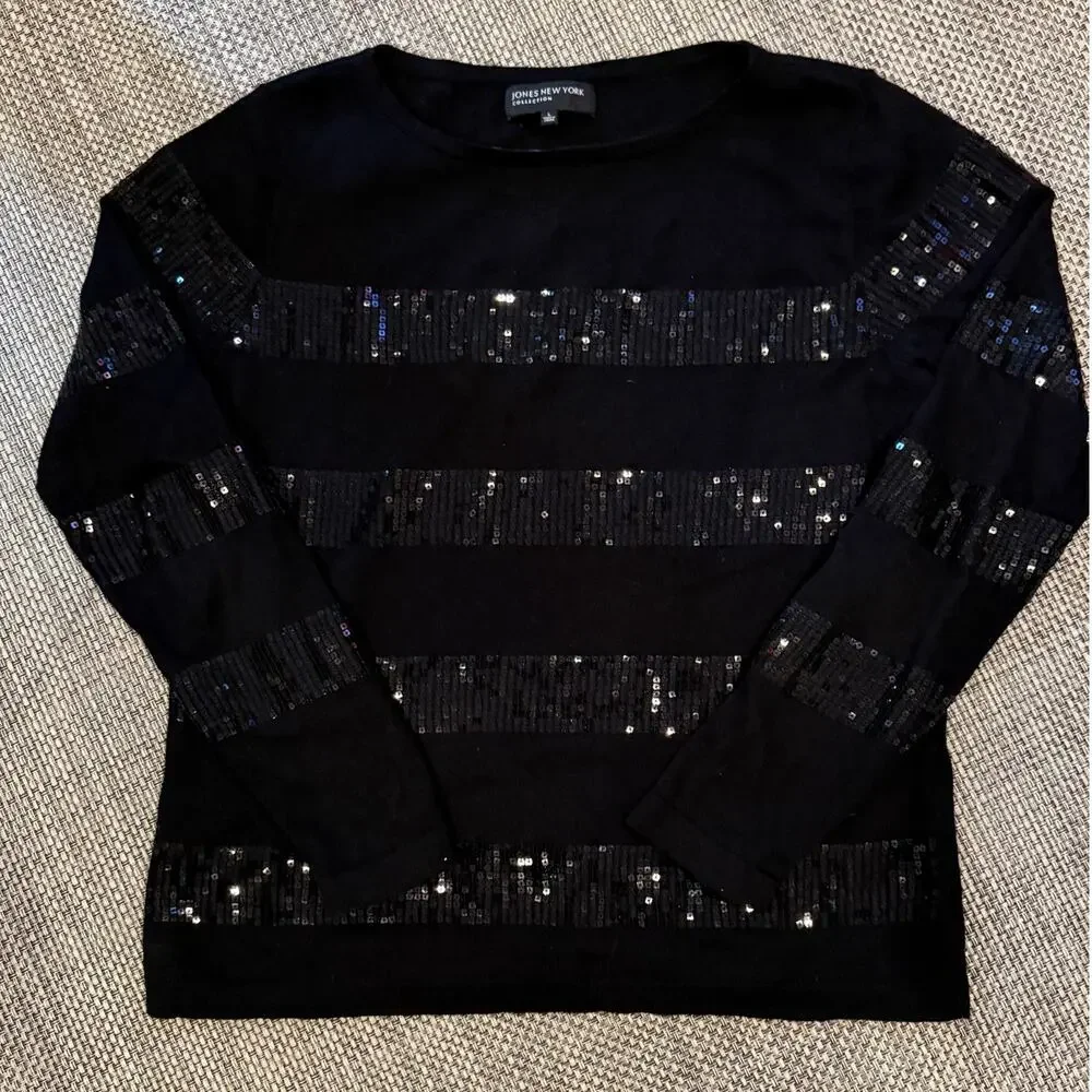 JONES NEW YORK COLLECTION Wool Blend Tonal Sequin Striped Sweater Black L Party